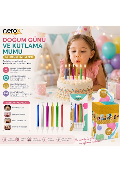Nerox Nrx-3016 Renkli Doğum Günü Mumu - 6'lı Beyaz Plastik Tutacaklı- 24'li Paket