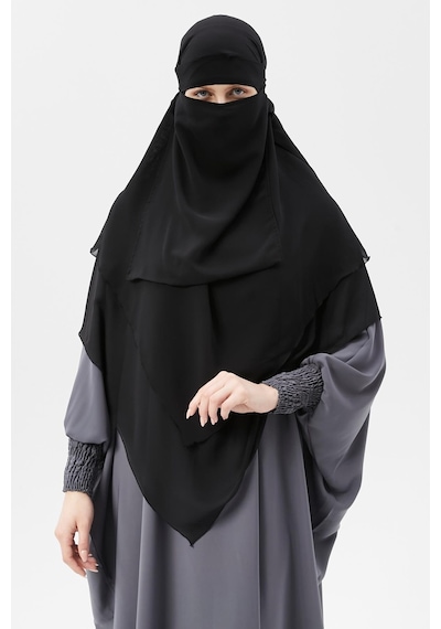 Altobeh Hazır Pratik Şifon Üç Katlı Peçeli Üçgen Hac Umre Şalı Sufle Hijab Nikap Siyah