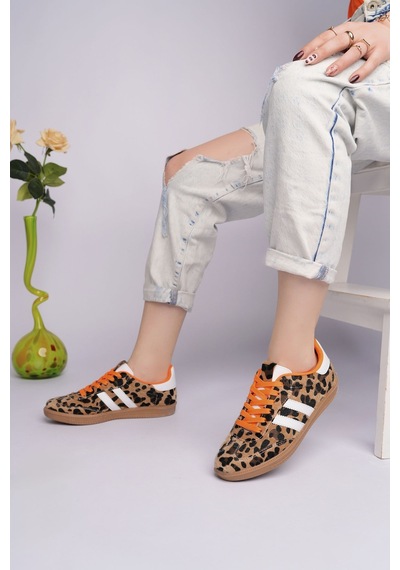 Muggo Taupe Çift Bağcıklı Günlük Kadın Sneaker Spor Ayakkabı Leopar