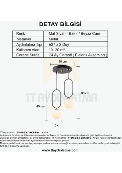 Tt016-2 Sy Tt Aydınlatma Mat Siyah - Bakır Beyaz Camlı 2 Li Avize