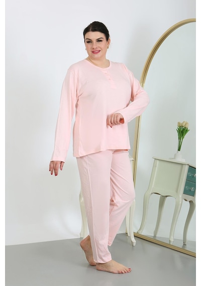 Akbeniz Kadın Büyük Beden Uzun Kol Penye Pijama Takımı Pembe 202501 Pembe