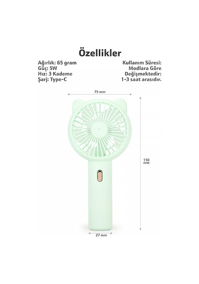 3 Modlu Şarjlı El Fanı 3 Kademe Seyahat Masaüstü Vantilatör Taşınabilir Mini Fan Yeşil F136