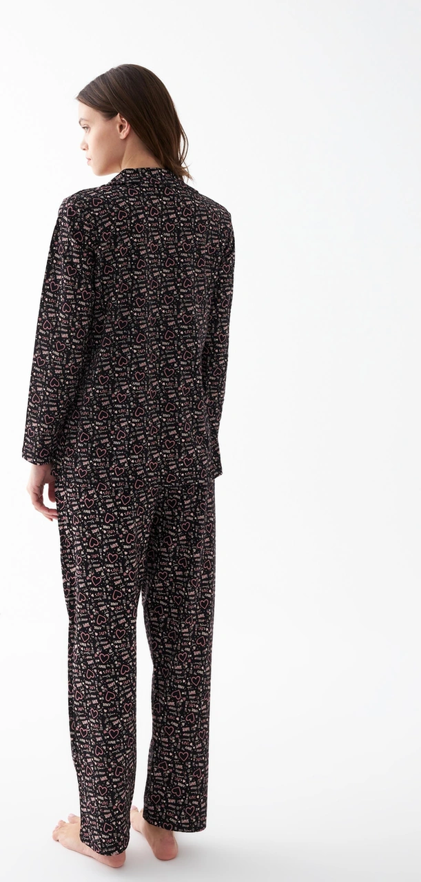 Akbeniz Kadın Siyah Düğmeli Kalp Desenli Pamuklu Pijama Takımı Siyah