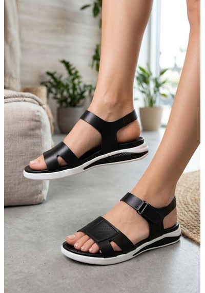 Shoetek Hesva Kadın Sandalet Bilekten Bantlı Siyah Deri