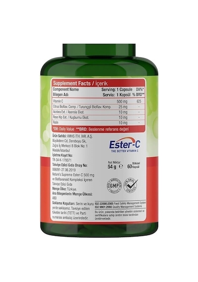 Natures Supreme Ester-C 500 Mg C Vitamini 60 Kapsül Aromasiz