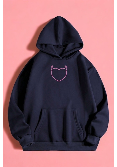 Uyguntarz Kalp Baskılı Unisex Oversize Sweatshirt Lacivert