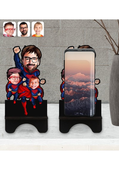 Kişiye Özel Süper Baba 2 Çocuk Karikatürlü Ahşap Biblo Telefon St