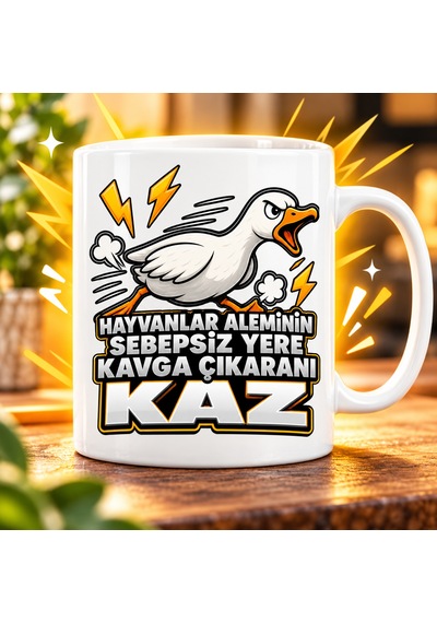 Kırmızı Kurplu Kupa - Hayvanlar Aleminin Sebepsiz Yere Kavga Çıkaranı Kaz Baskılı Porselen Kupa Bard