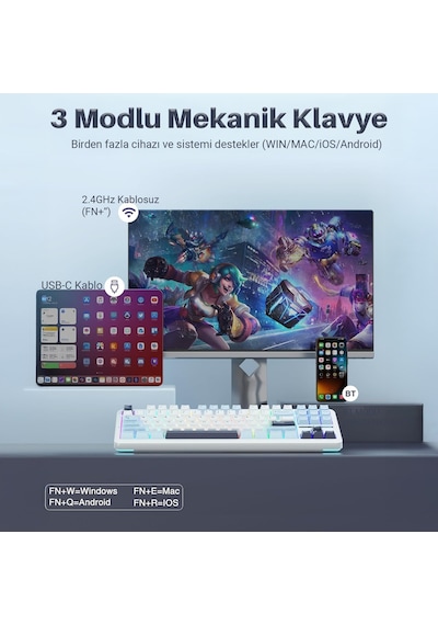 Aula F87 Pro Mekanik Rgb Tkl Graywood V3 Switch Kablosuz Makrolu Hot Swap Klavye Açık Mavi