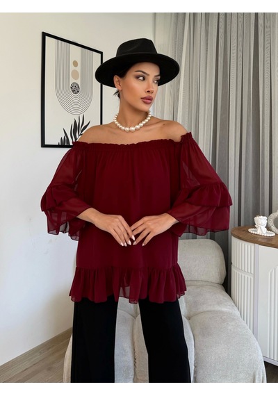 Lodmela Yaka Lastikli Şifon Bluz 6022-Bordo