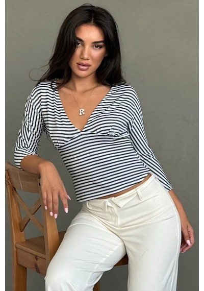 Madmext Haki Çizgili V Yaka Slim Fit Kadın Bluz Mg2887