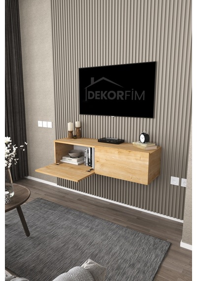 Df17101 Duvara Monte Tv Ünitesi Kapaklı Raflı Tv Sehpası Modern Duvar Raflı Tv Alt Ünitesi Safir Meşe