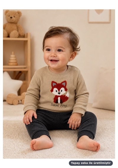 Ferasty İstanbul Erkek Bebek 2'li Takım Tilki Nakışlı Sweet Foxy Bej