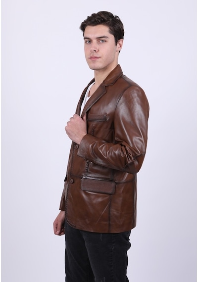 New Zaya Leather Erkek Kahverengi Blazer Deri Ceket Kahverengi