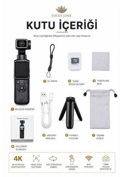 4k Ultra Hd Vlog Kamera 75mp Wifi Yapay Zeka Yüz Takipli 330 Gimbal 1.7 Dokunmatik Ekran 64gb Hafıza Kartlı