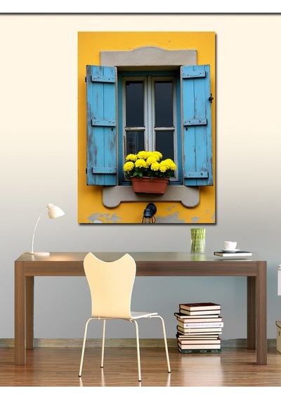 Kanvas Tablo Mavi Panjurlu Sarı Ev 70cmx100cm