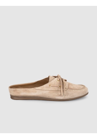 Kadın Süet Deri Bağcıklı Mule Loafer Bej