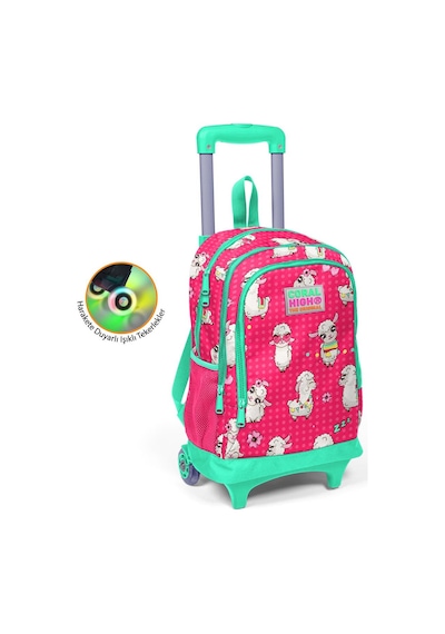 Coral High Kids Neon Mercan Su Yeşili Alpaka Desenli Üç Bölmeli Çekçekli Okul Sırt Çantası 23364