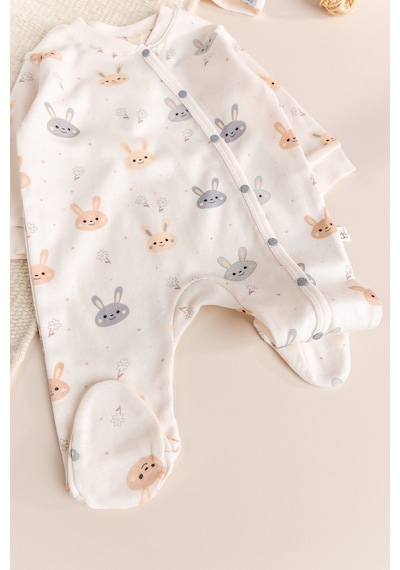Baby Mod %100 Pamuklu Tavşan Desenli Bandanalı Kız Bebek Tulum Ekru