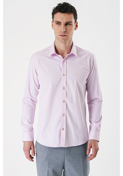 İmza Pembe Uzun Kollu Armürlü Cepsiz Pamuklu Likralı Slim Fit Dar Kesim Gömlek 1004240193-pembe Pembe