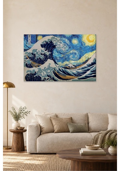 Fida Yıldızlı Gece İle Büyük Dalga Buluşması Canvas Tablo Çok Renkli