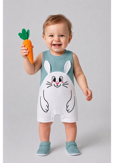 Babyden's Erkek Bebek Tavşan Desenli Yazlık Tulum Fitilli Pamuklu Kolsuz Bebek Tulumu Çıtçıtlı Romper 0-9 Ay Haki