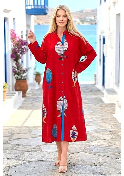 Veraura Lifestyle Kırmızı Balıklı Gömlek Elbise
