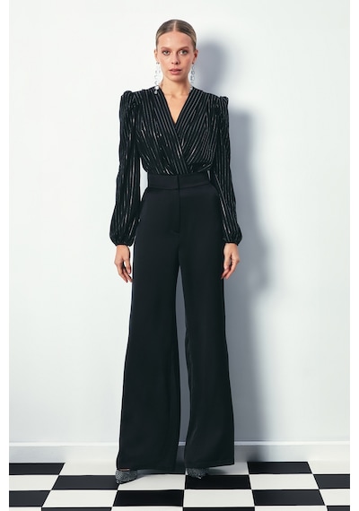 Sateen Parlak Çizgili Bodysuit Bluz - Siyah