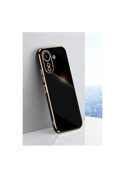 Fibaks Redmi 13c-poco C65 Uyumlu Kılıf Parlak Kenarlı Altın İşlemeli Kamera Korumalı Kapak Siyah