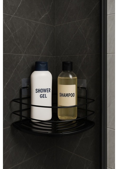 Krom Yapışkanlı Üçgen Tek Katlı Banyo Ve Mutfak Rafı Duş Şampuanlık Duvar Düzenleyici Organizer Siyah