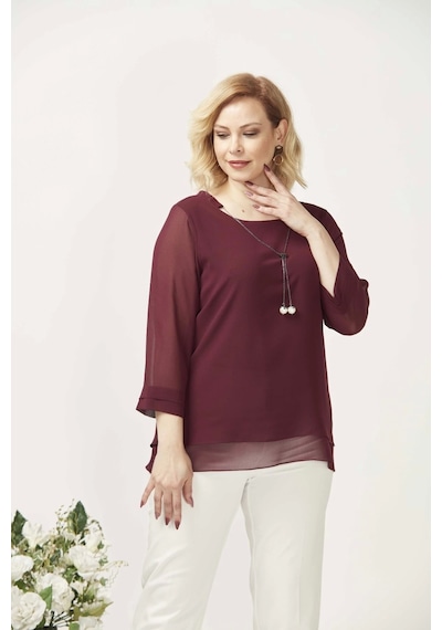 Moda Berray 1934 Kolyeli Şifon Büyük Beden Şık Bluz Bordo Bordo