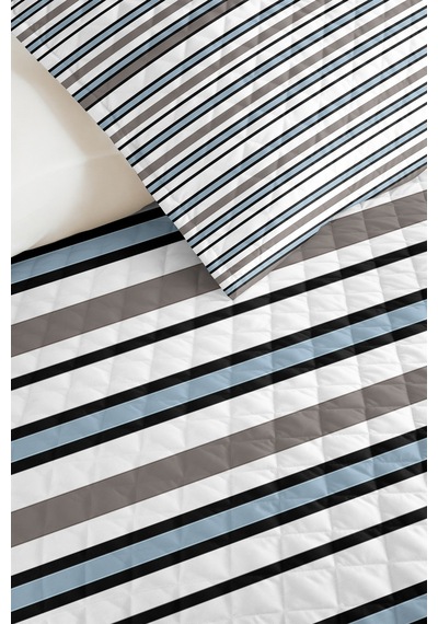 Mavi Çizgili Modern Genç Odası Tek Kişilik Pike Takımı-gri Geometrik 160x220cm Kapitone Yatak Örtüsü Mumlu Defne Demi