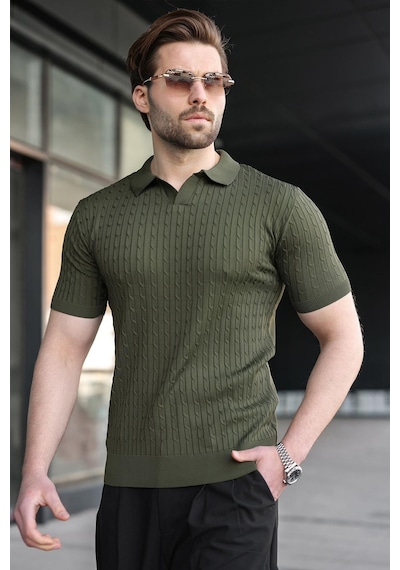 Madmext Haki Slim Fit Polo Yaka Triko Erkek Tişört E7472 Haki