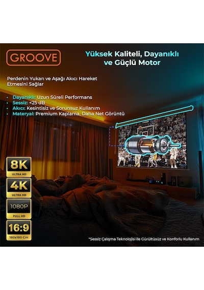 Groove Vizio Pro 180x180cm Blackout Işık Geçirmez Elektrikli Otomatik Kumandalı Projeksiyon Perdesi +motorlu+canlı Renkler+göz Koruması+leke Tutmaz Projector