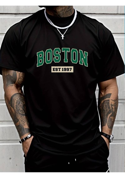 Noıssey Siyah Erkek Beyaz Siyah Gri Oversize Boston Est 1997 Baskılı Bisiklet Yaka