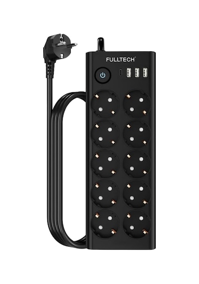 Termal Akım Korumalı, 10'lu Priz Soketi, Isıya Dayanıklı Yapı, 10x Priz, 3x Usb, 1x Type-c Girişi, Çocuk Korumalı Çoğaltıcı, 2 Metre Uzatma Kablosu 16a/3680w Siyah