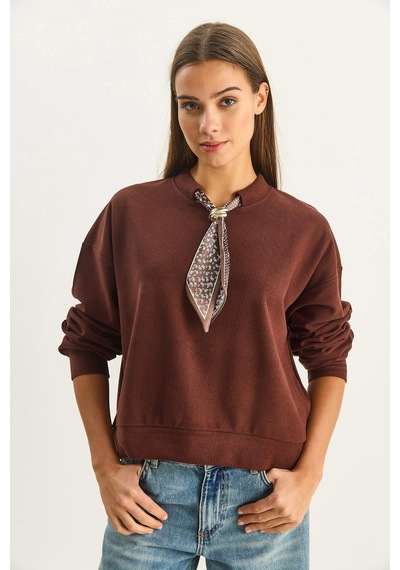 Shade Kadın Fular Detaylı Pamuklu Ottoman Sweatshirt 6931 60283689 - Acı Kahve Çok Renkli
