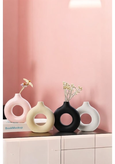 Beyaz Dekoratif Vazo Seti Obje Ev Dekorasyon Masa Üstü Dekor Vazo Seti Model 23 Açık Pembe Cappucino Siyah Beyaz Açık Pembe Cappucino Siyah Beyaz