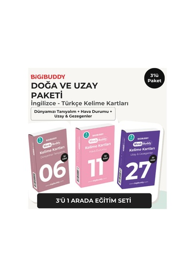 Bigibuddy WordsBuddy Çocuklar İçin Türkçe İngilizce Doğa ve Uzay Paketi 90 Kart 3'lü Set (Cihaz Hariç)