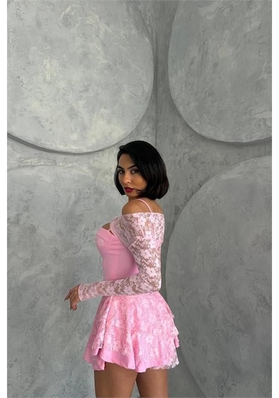 Dip Moda Kadın Bolero Detaylı Güpür Prenses Elbise Dpnbdf107 Pembe