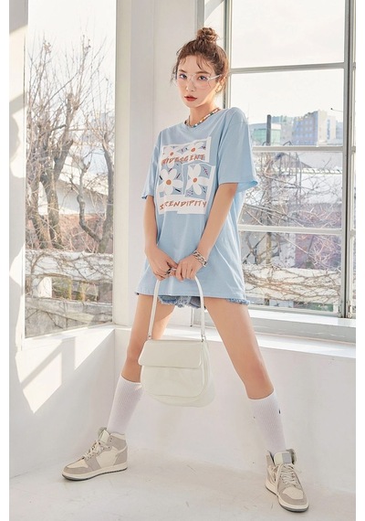 Uyguntarz Unisex Serendipity Baskılı Oversize Tshirt Bebe Mavisi