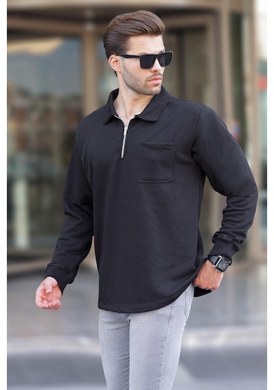 Madmext Siyah Polo Yaka Fermuarlı Uzun Kollu Erkek Sweatshirt 7057 Siyah