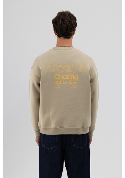 Vamos Oversize Bisiklet Yaka Baskılı Sweatshirt Haki