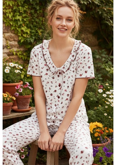 Siyah İnci Bürümcük-krınkıl Düğmeli Pijama Takım26120625 Beyaz Pembe