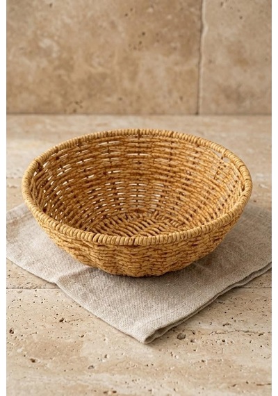 Yıkanabilir Rattan Yuvarlak Ekmek Sepeti 20.5 Cm - Metal İskeletli Hasır Banyo Ve Mutfak Sepeti Kahverengi