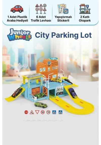 Junior Wheels Şehir Otoparkı 2 Katlı Oyuncak Araba Otopark Seti 1 Araç Ve 6 Trafik Levhası Hediyeli Çok Renkli