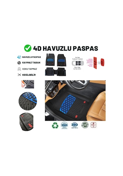 Fiat Egea Hb 2022 Uyumlu 4 Cm Derin Havuzlu 5 Parça Set 3d Paspas Takımı Siyah - Mavi