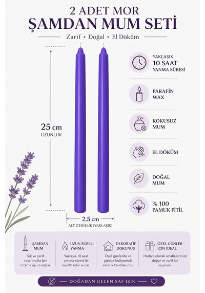 2'li Mor Şamdan Mum Seti 25 Cm Dekoratif İnce Şamdan Mum, Kokusuz Parafin Wax,%100 Pamuk Fitil, El Döküm, Uzun Diğer