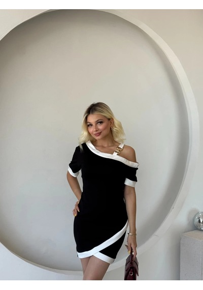 Valensdesign Kadın Kısa Kollu Asimetrik Kesim Yaka Şerit Ve Aksesuar Detaylı Modal Elbise Siyah