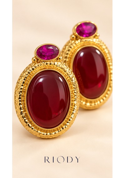 Riody Rubis Velours Gold Renkli Bordo Fuşya Oval Taş Görünümlü Çelik Kadın Küpe